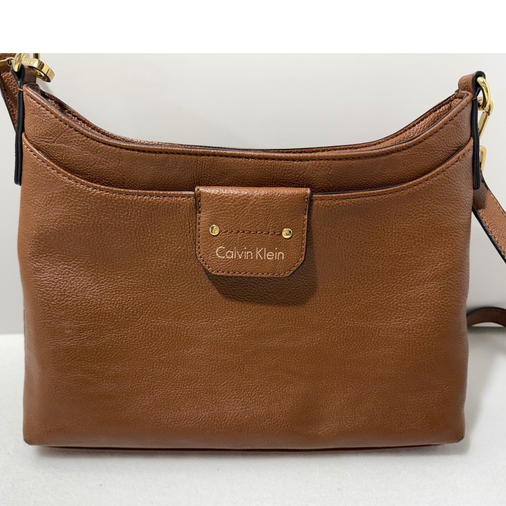 Calvin Klein Brown Pebbled Faux Leather Crossbody Bag Gold Hardware Travel Work